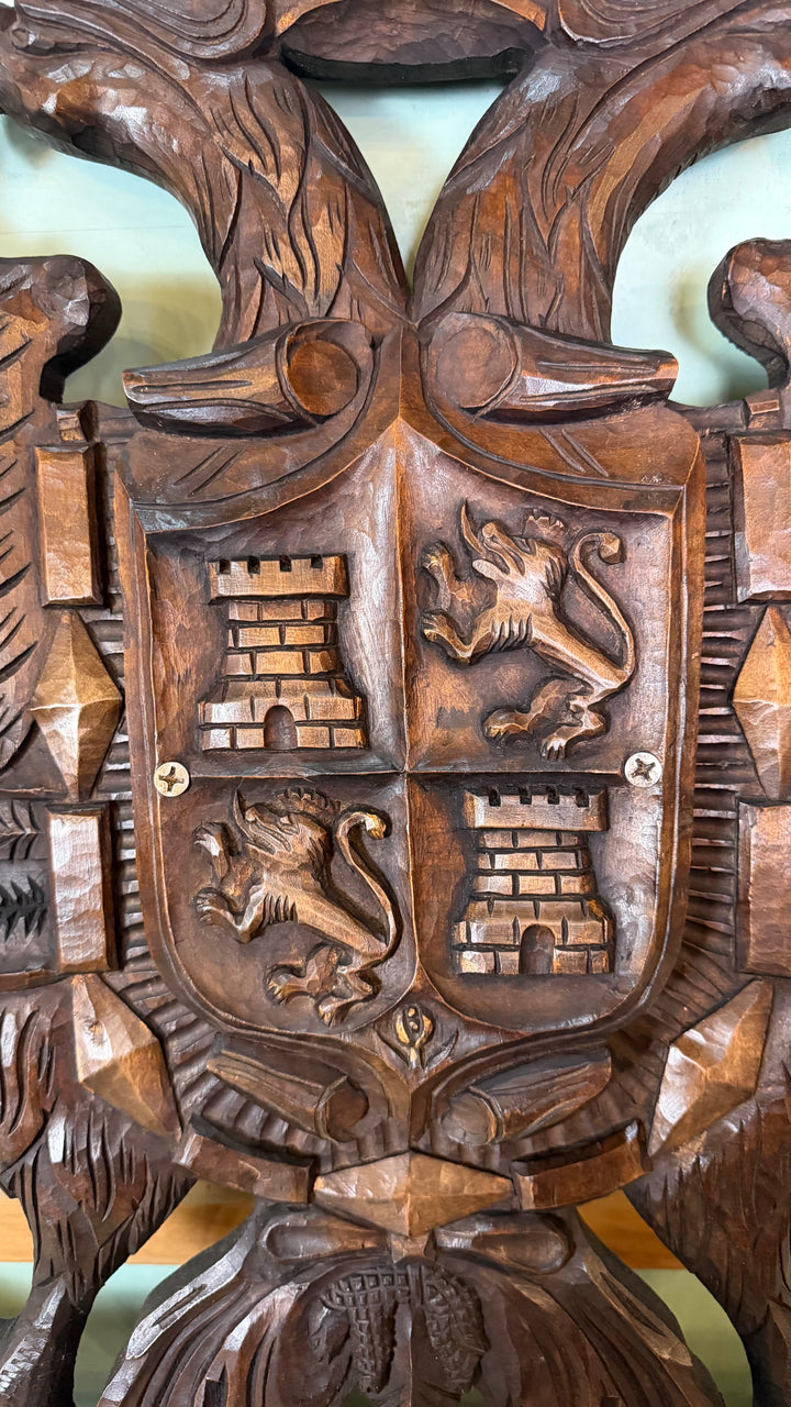 Hand-Carved Spanish Coat of Arms - Double-Headed Eagle with Crown