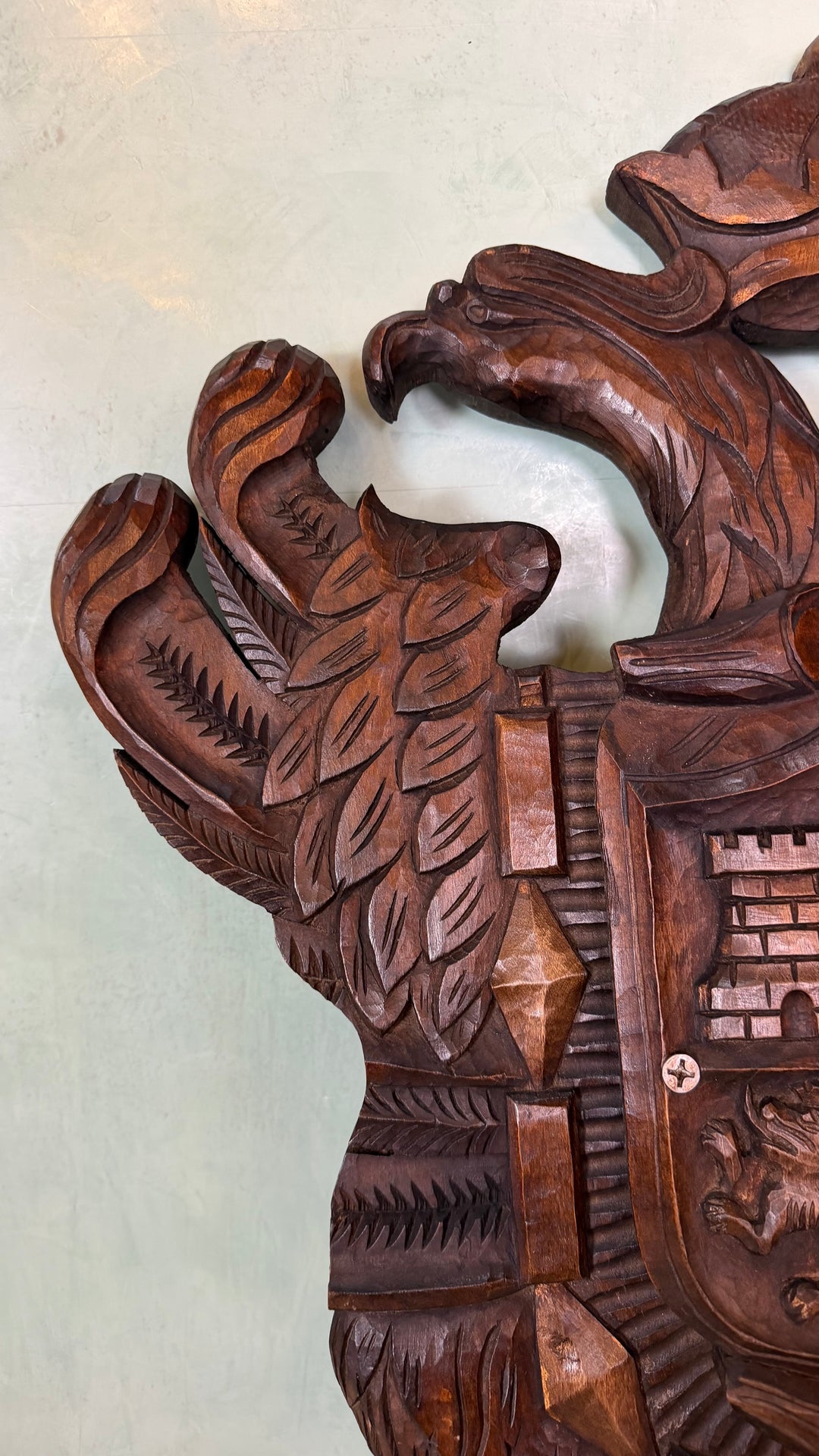 Hand-Carved Spanish Coat of Arms - Double-Headed Eagle with Crown