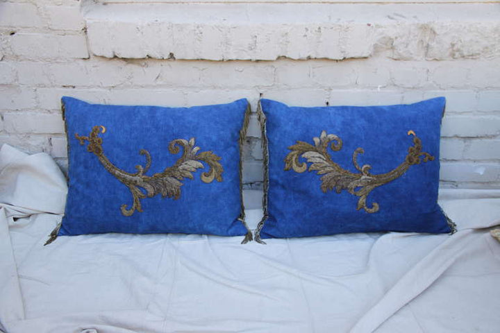 Pair of Metallic Appliqued Blue Linen Pillows by Melissa Levinson