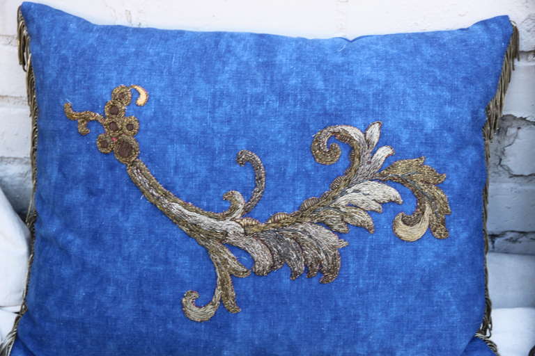 Pair of Metallic Appliqued Blue Linen Pillows by Melissa Levinson