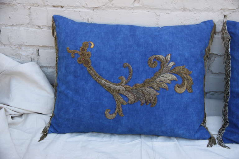 Pair of Metallic Appliqued Blue Linen Pillows by Melissa Levinson