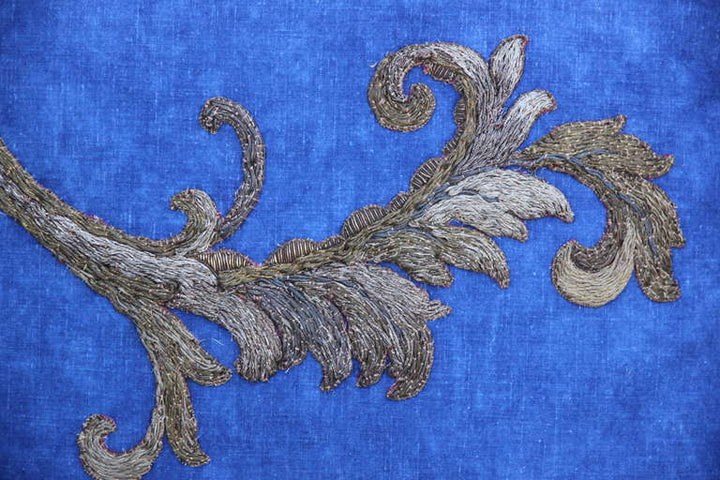 Pair of Metallic Appliqued Blue Linen Pillows by Melissa Levinson