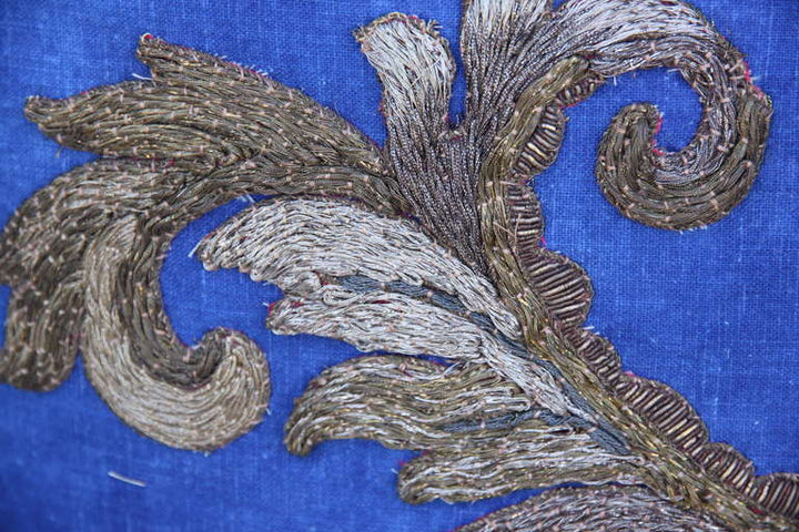 Pair of Metallic Appliqued Blue Linen Pillows by Melissa Levinson