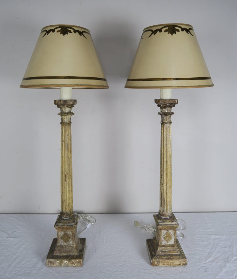 Pair of Italian Carved Neoclassical Style Lamps with Parchment Shades