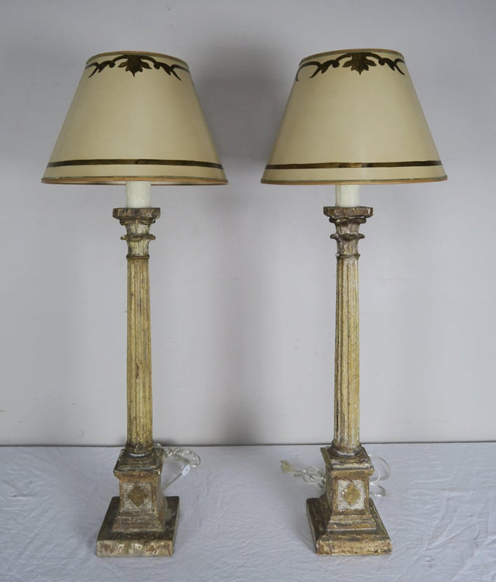 Pair of Italian Carved Neoclassical Style Lamps with Parchment Shades