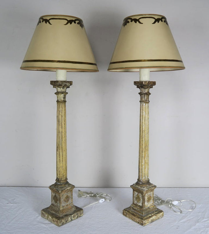 Pair of Italian Carved Neoclassical Style Lamps with Parchment Shades