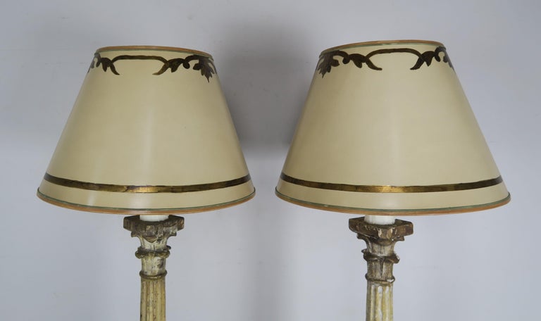 Pair of Italian Carved Neoclassical Style Lamps with Parchment Shades