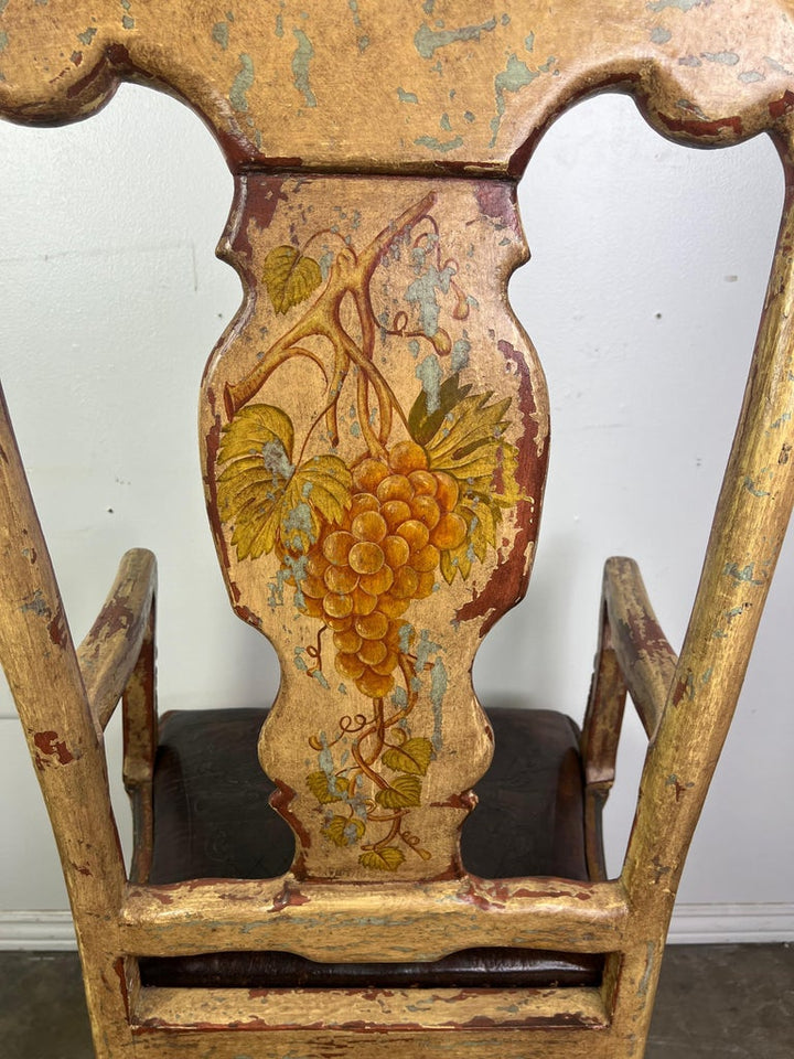 (8) French Provincial Hand Painted Dining Chairs w/ Leather Embossed Seats