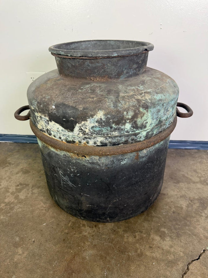 Antique Copper Storage Vessel with Verdigris Patina, 19th Century