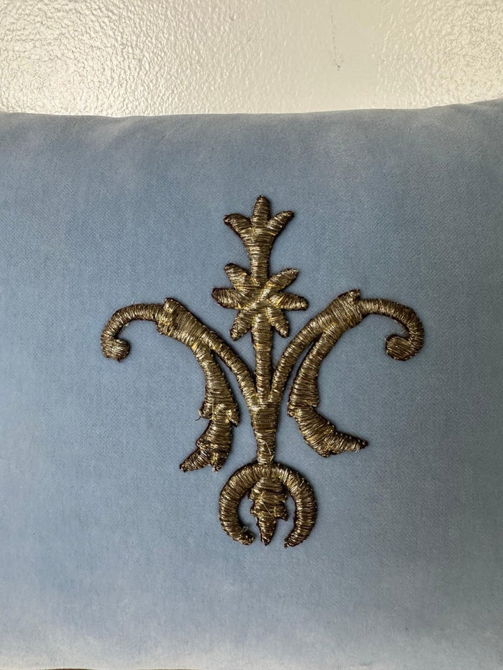 Petite Pillow with 19th Century Metallic Appliqué on Blue Velvet