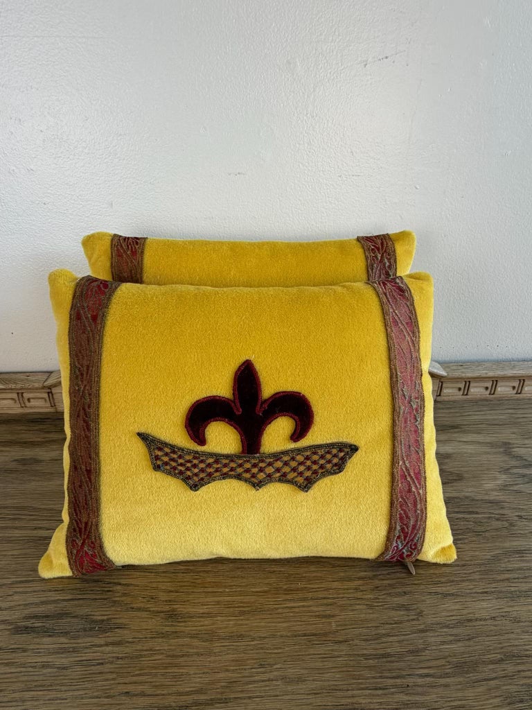 Pair of Yellow Velvet Decorative Pillows with Fleur-de-Lis Applique