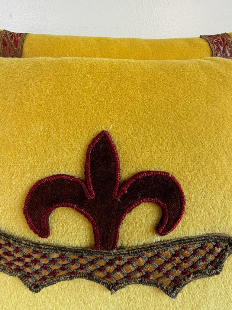 Pair of Yellow Velvet Decorative Pillows with Fleur-de-Lis Applique