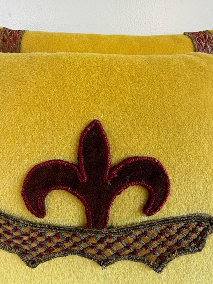 Pair of Yellow Velvet Decorative Pillows with Fleur-de-Lis Applique