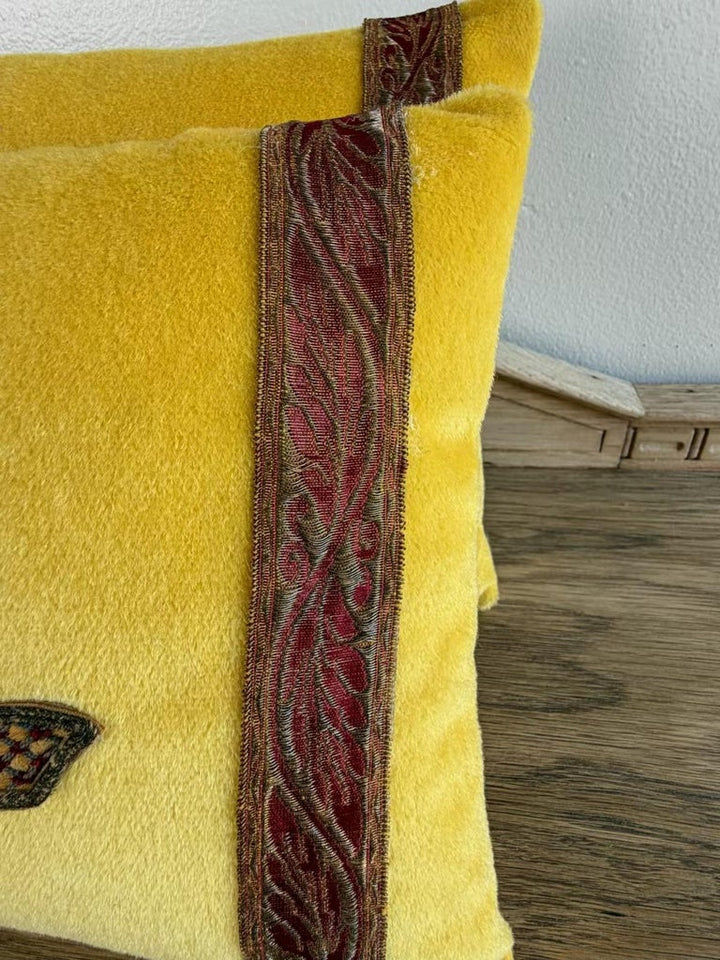 Pair of Yellow Velvet Decorative Pillows with Fleur-de-Lis Applique