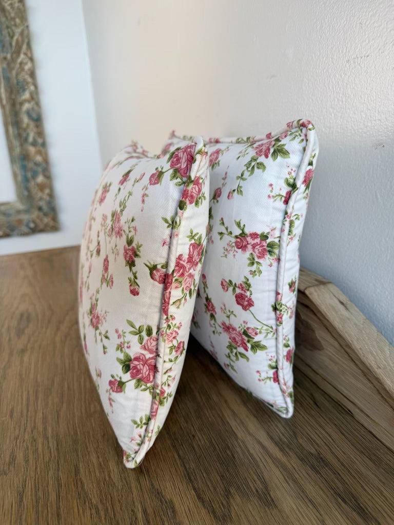 Pair of Floral Cotton Decorative Pillows with Rose Print