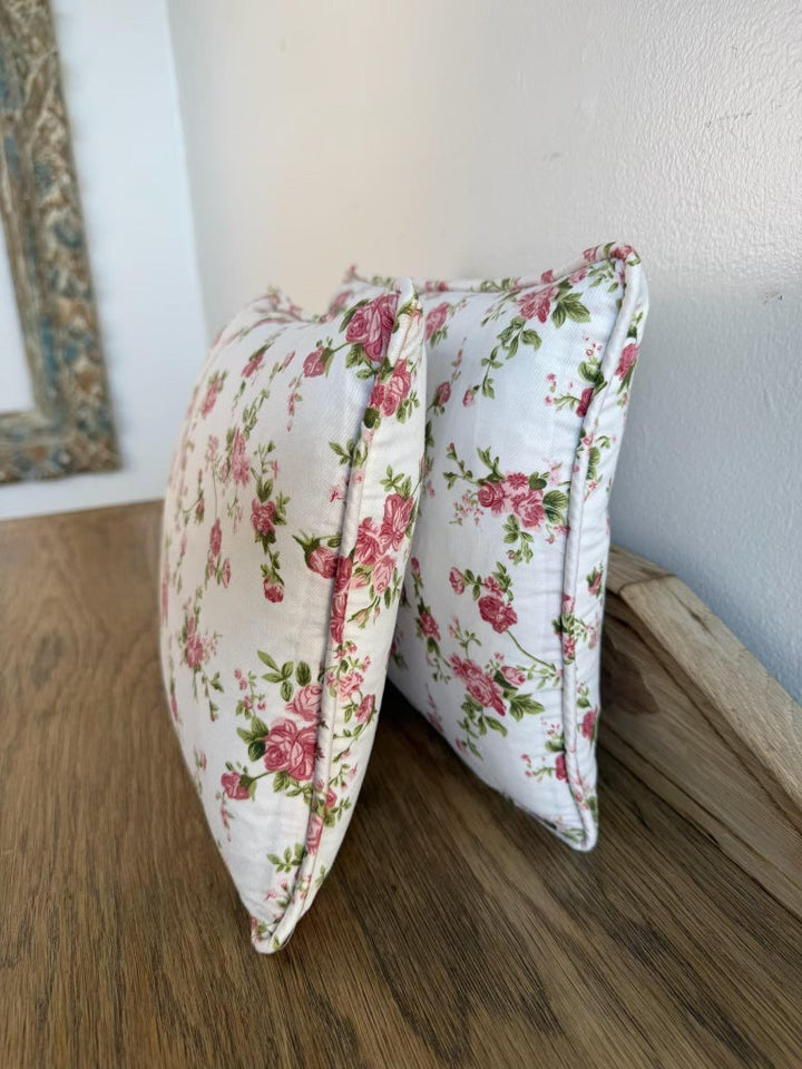 Pair of Floral Cotton Decorative Pillows with Rose Print