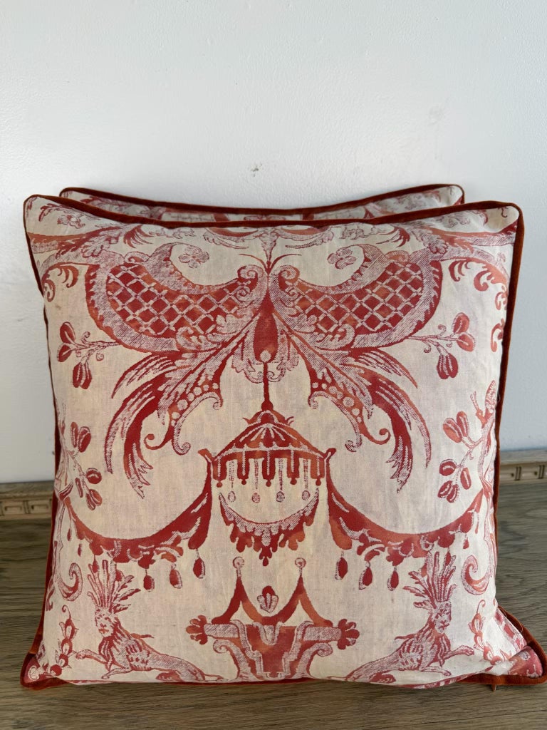 Pair of Authentic Fortuny Pillows in the Mezzano Pattern with Velvet Backs