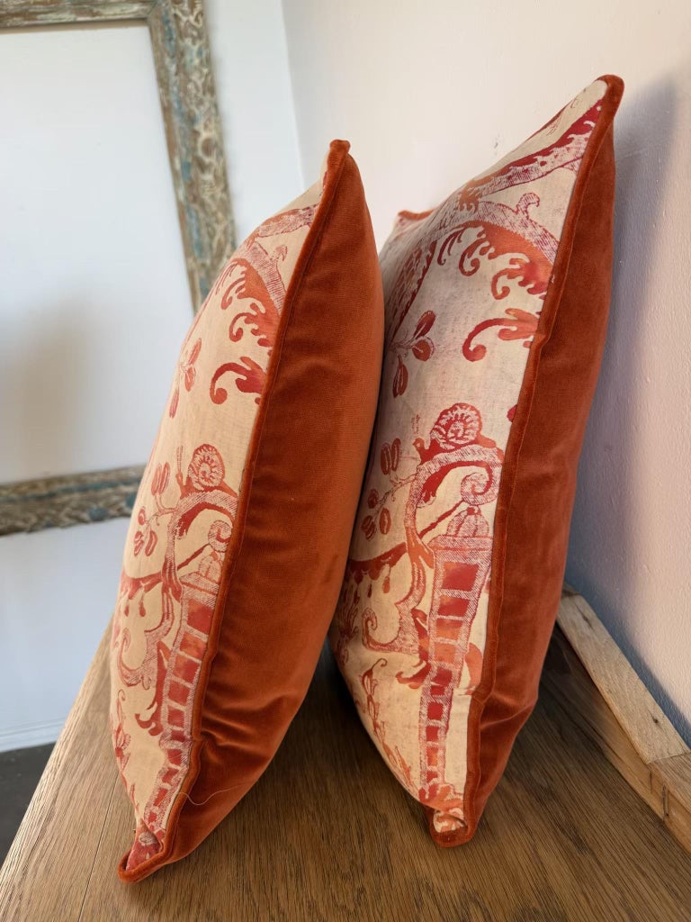 Pair of Authentic Fortuny Pillows in the Mezzano Pattern with Velvet Backs