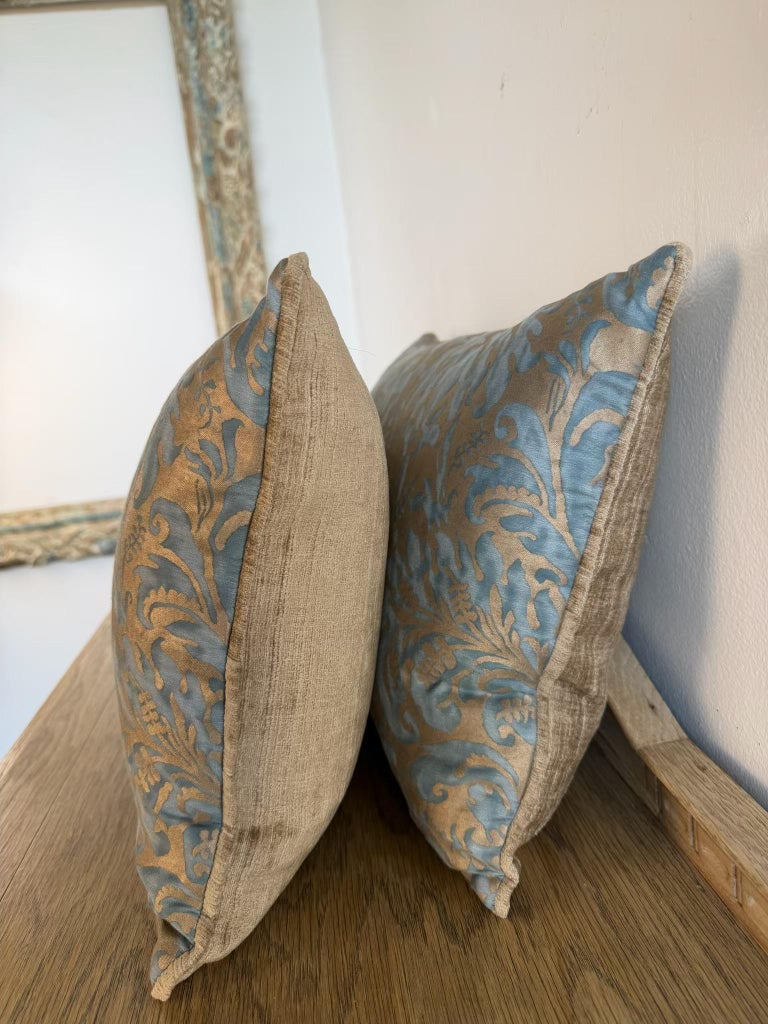 Pair of Custom Fortuny Textile Pillows with velvet Backs