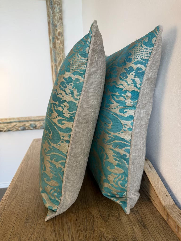 Pair of Fortuny-Style Patterned Pillows with Solid Silk Backs