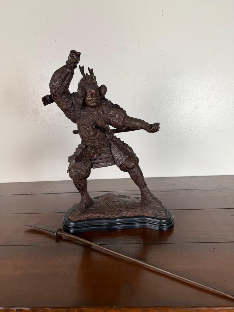 Japanese Bronze Samurai Warrior Sculpture with Spear, Early 20th Century