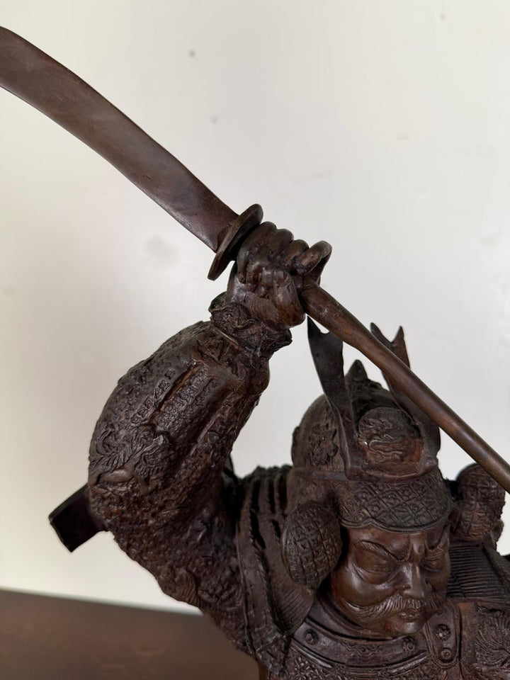 Japanese Bronze Samurai Warrior Sculpture with Spear, Early 20th Century
