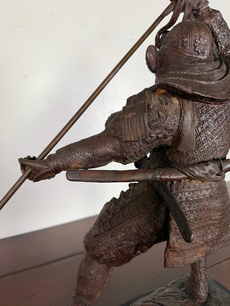 Japanese Bronze Samurai Warrior Sculpture with Spear, Early 20th Century
