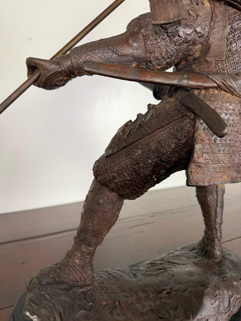 Japanese Bronze Samurai Warrior Sculpture with Spear, Early 20th Century