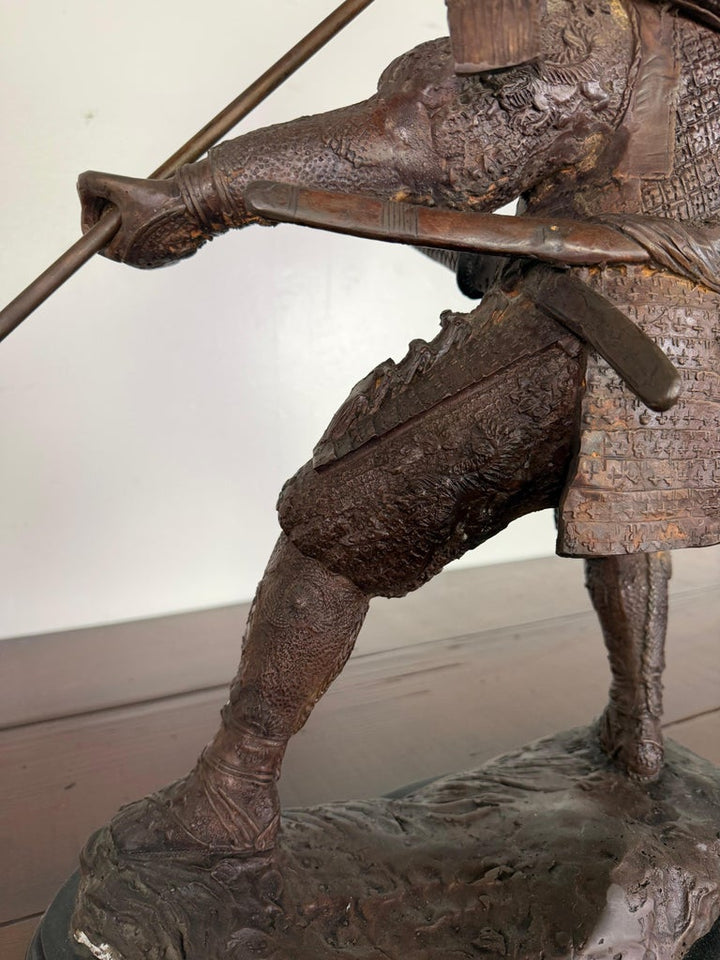 Japanese Bronze Samurai Warrior Sculpture with Spear, Early 20th Century