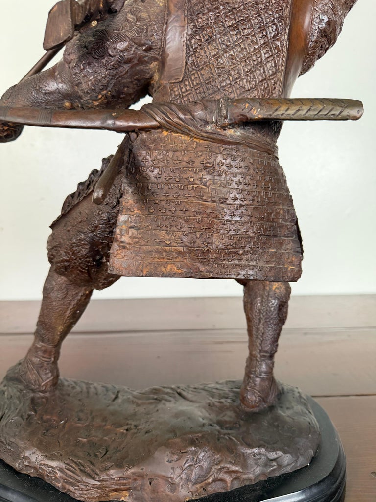 Japanese Bronze Samurai Warrior Sculpture with Spear, Early 20th Century