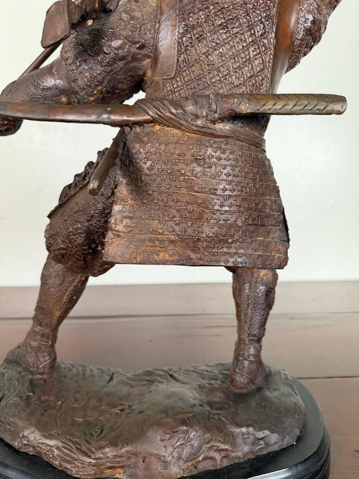 Japanese Bronze Samurai Warrior Sculpture with Spear, Early 20th Century