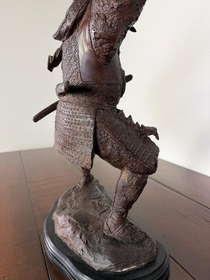 Japanese Bronze Samurai Warrior Sculpture with Spear, Early 20th Century