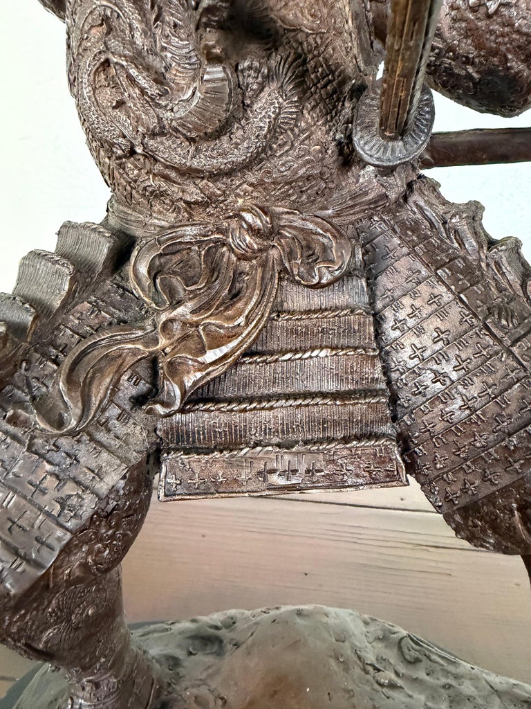 Japanese Bronze Samurai Warrior Sculpture with Spear, Early 20th Century