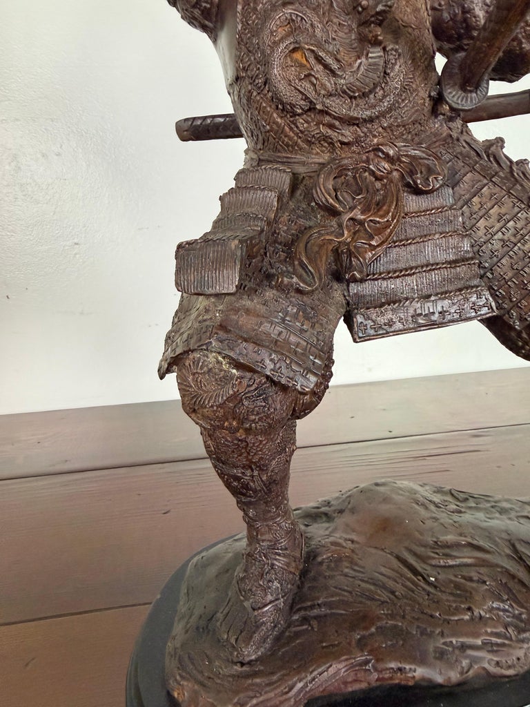 Japanese Bronze Samurai Warrior Sculpture with Spear, Early 20th Century