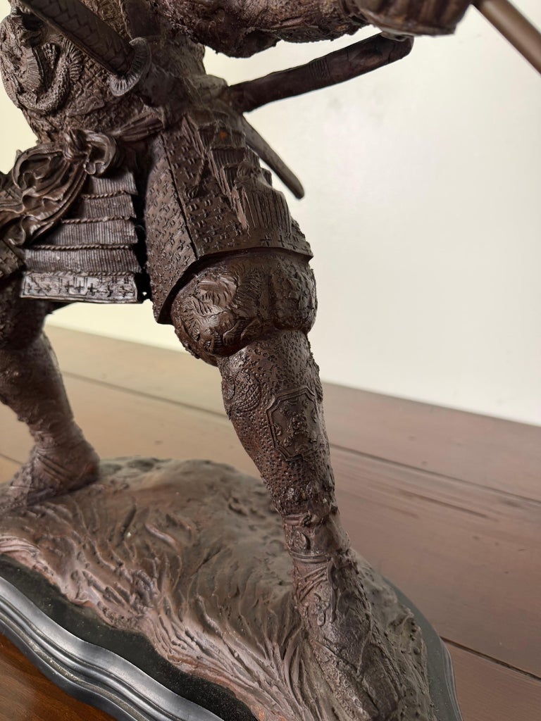Japanese Bronze Samurai Warrior Sculpture with Spear, Early 20th Century