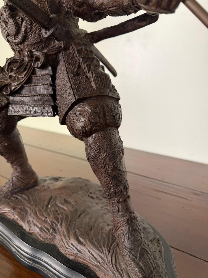 Japanese Bronze Samurai Warrior Sculpture with Spear, Early 20th Century