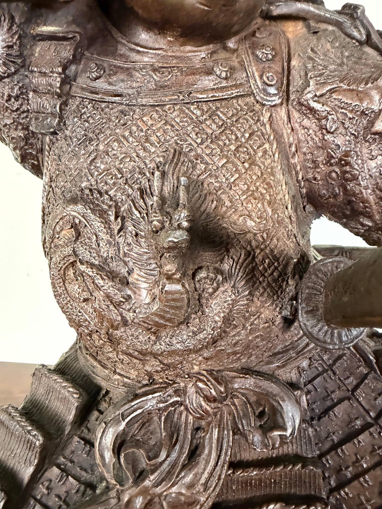 Japanese Bronze Samurai Warrior Sculpture with Spear, Early 20th Century