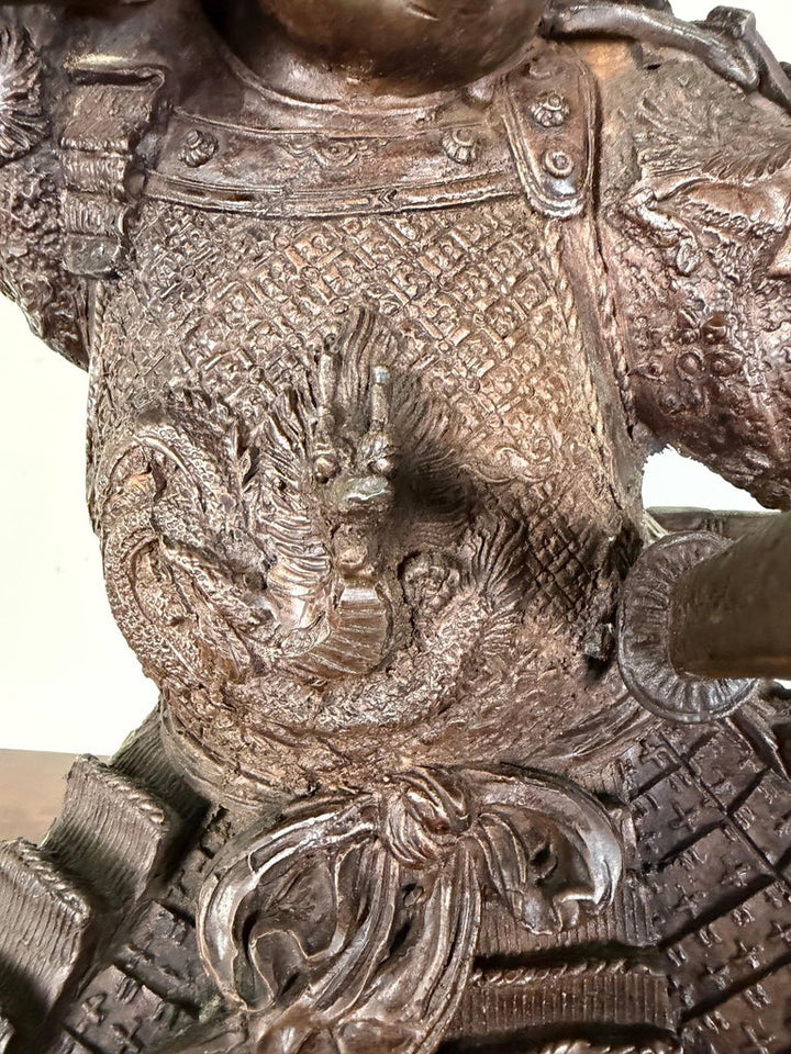 Japanese Bronze Samurai Warrior Sculpture with Spear, Early 20th Century