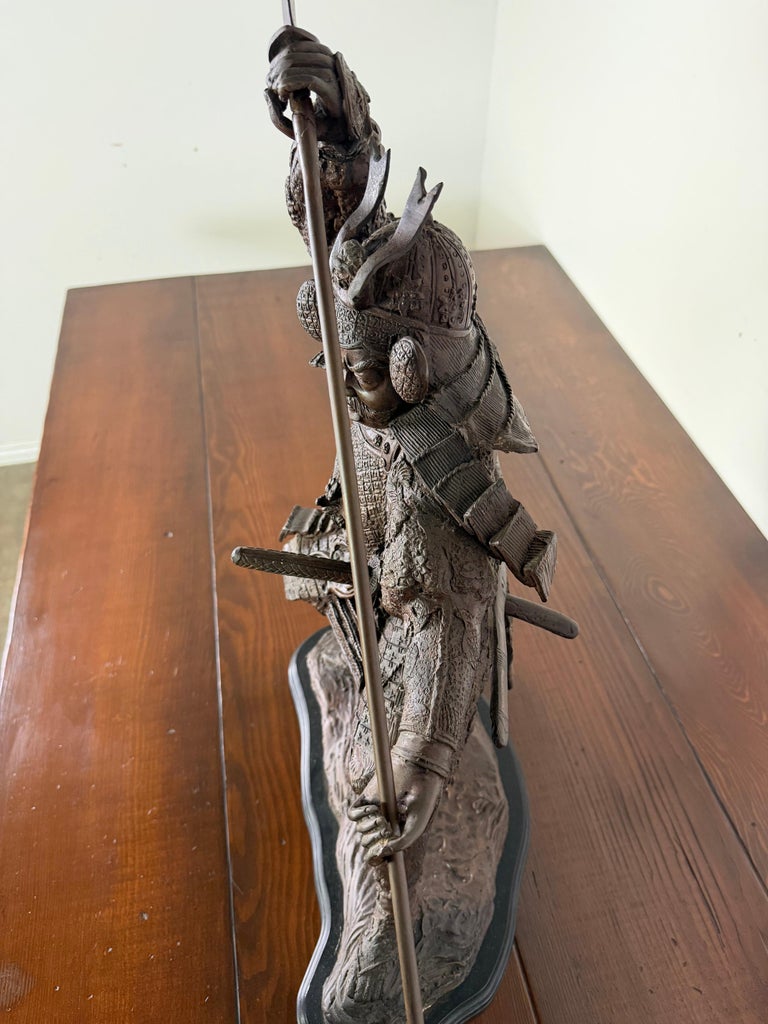 Japanese Bronze Samurai Warrior Sculpture with Spear, Early 20th Century