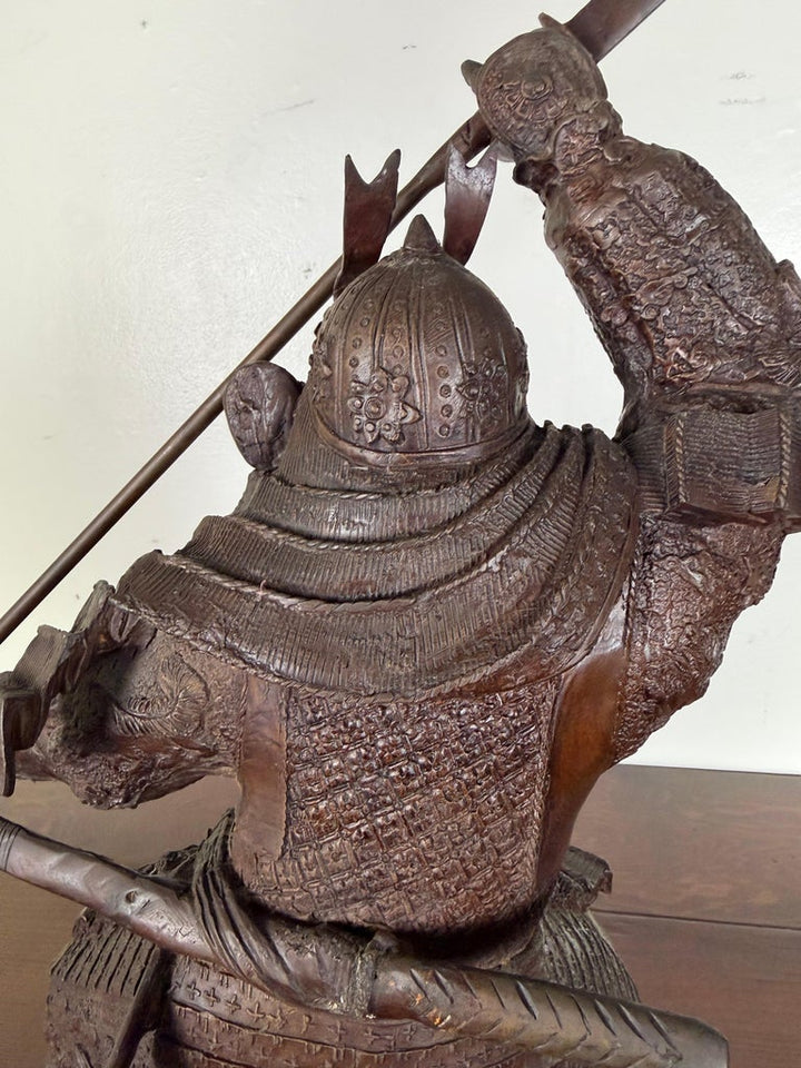 Japanese Bronze Samurai Warrior Sculpture with Spear, Early 20th Century