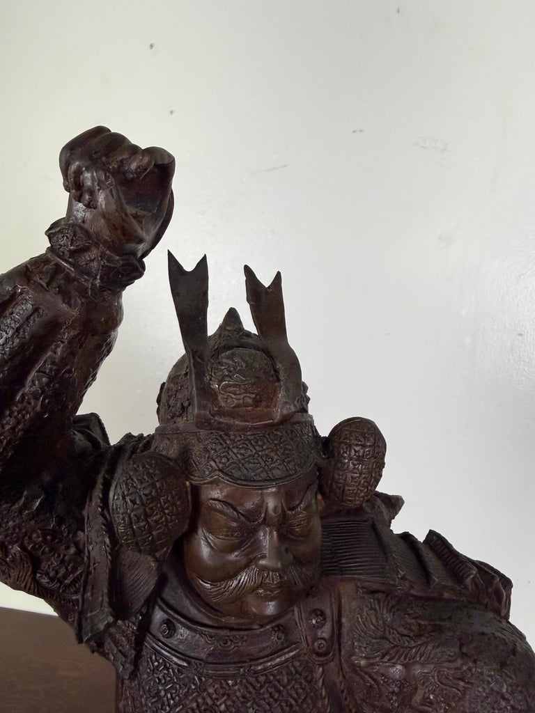 Japanese Bronze Samurai Warrior Sculpture with Spear, Early 20th Century