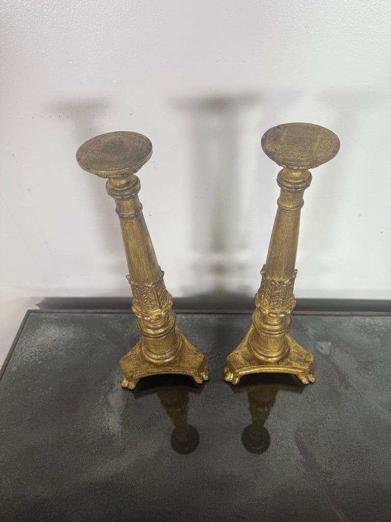 Pair of Antique Giltwood Candlesticks with Paw Feet, Neoclassical Style