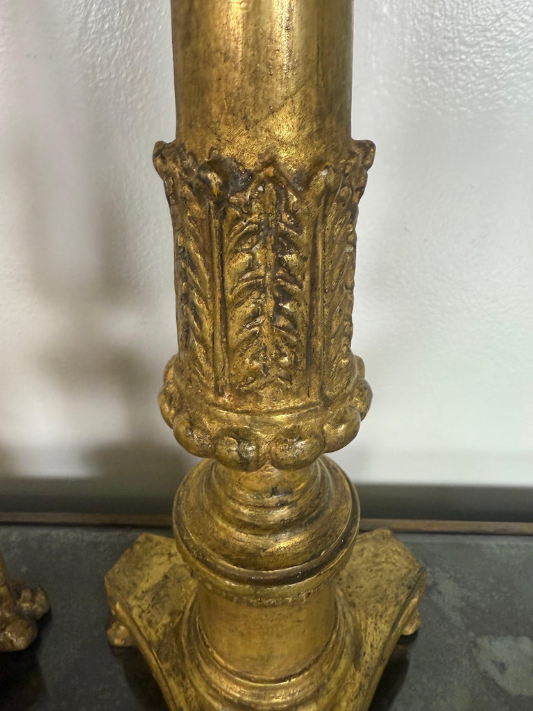 Pair of Antique Giltwood Candlesticks with Paw Feet, Neoclassical Style