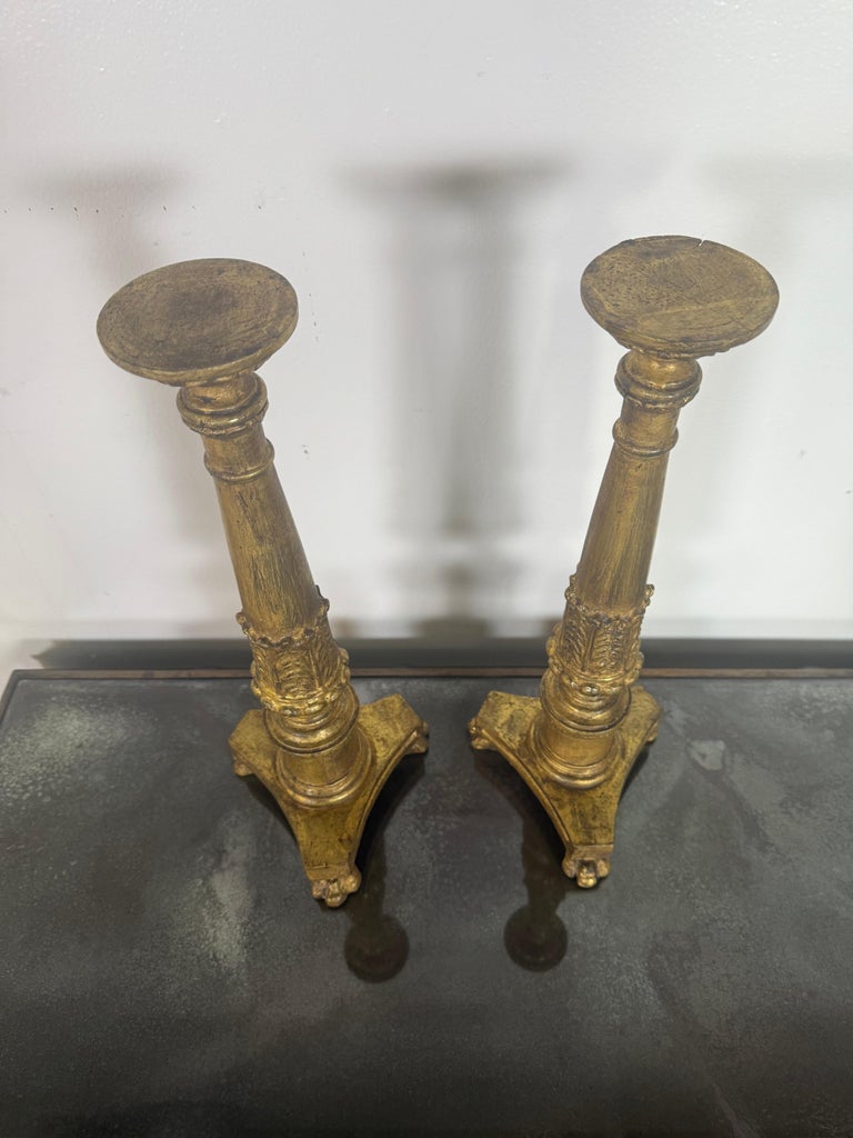 Pair of Antique Giltwood Candlesticks with Paw Feet, Neoclassical Style