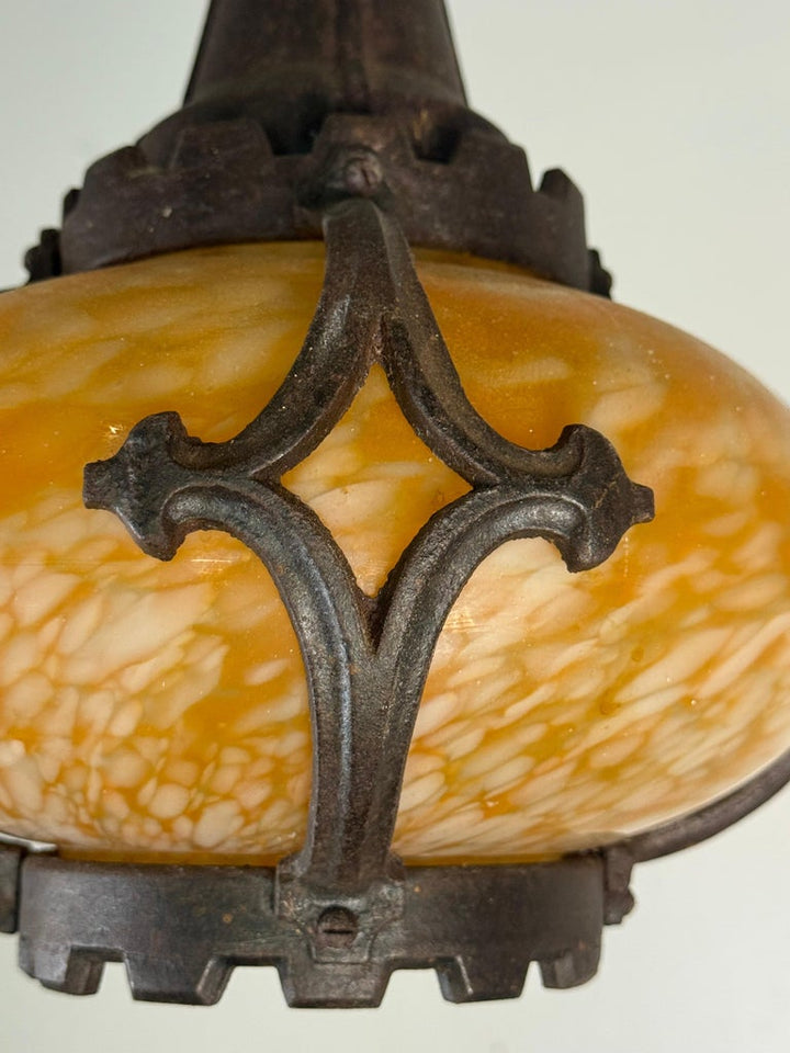 Pair of Antique Revival Hanging Pendant Lights with Marbled Glass Shades