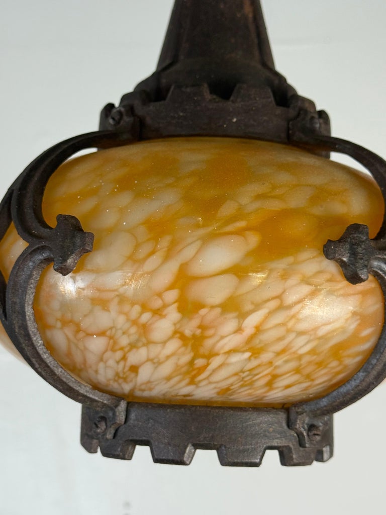 Pair of Antique Revival Hanging Pendant Lights with Marbled Glass Shades
