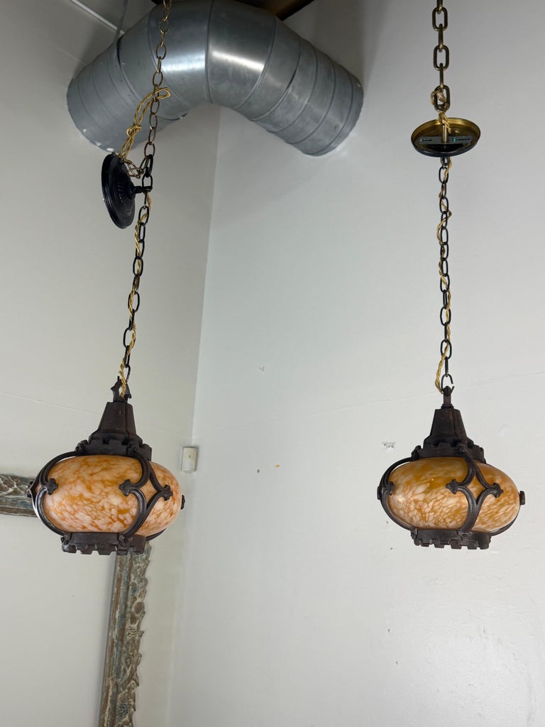 Pair of Antique Revival Hanging Pendant Lights with Marbled Glass Shades