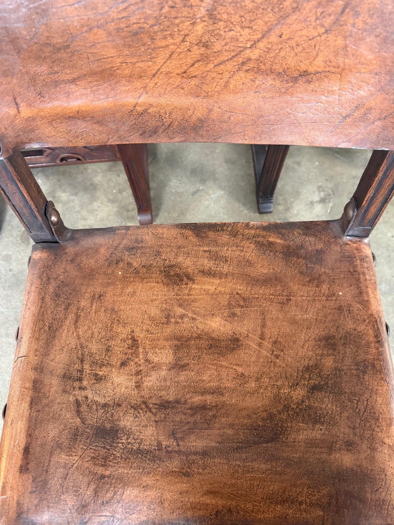 Set of Six Spanish Revival Leather and Carved Wood Armchairs