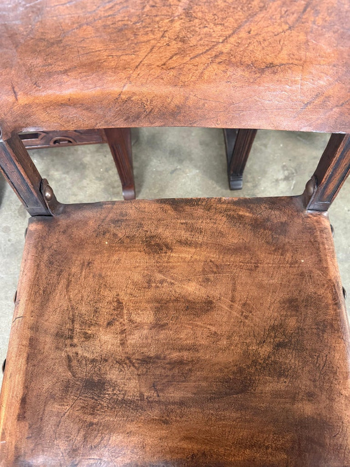 Set of Six Spanish Revival Leather and Carved Wood Armchairs