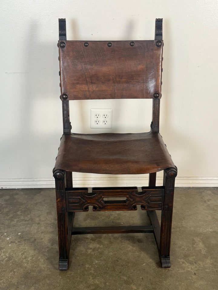 Set of Six Spanish Revival Leather and Carved Wood Armchairs